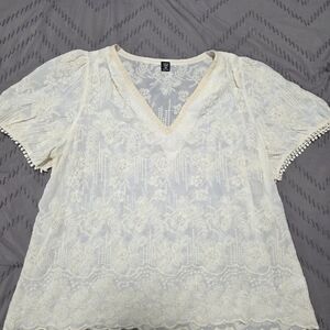 SHEIN Cream Lace V-Neck Blouse